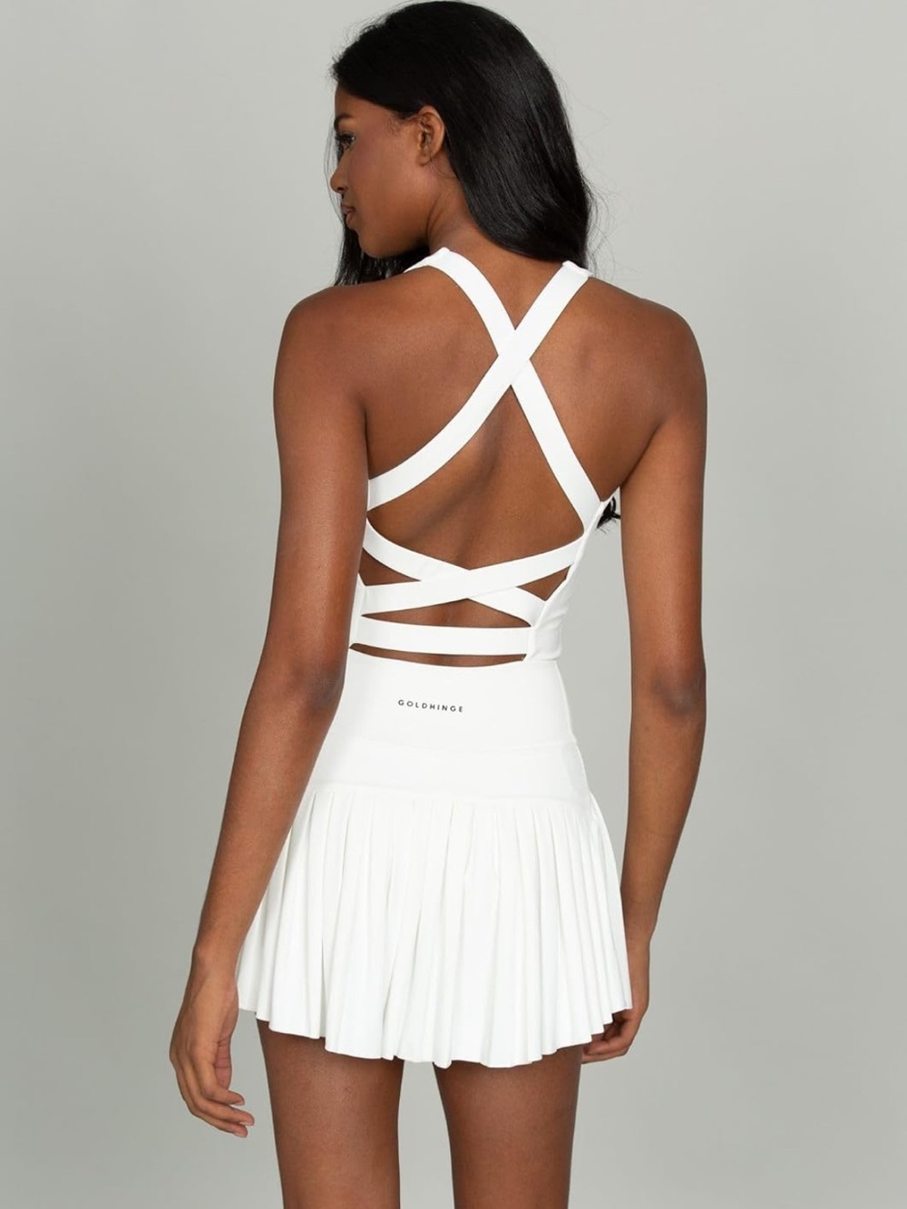 Goldhinge criss cross back White Pleated Tennis Dress - Picture 6 of 8